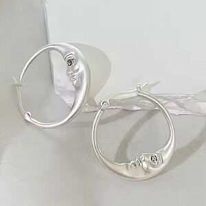 Elegant Silver Moon Face Hoop Earrings